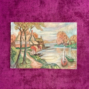Pintura al óleo francesa sobre tabla, década de 1920. Casa de campo con vistas al río en Francia. Veleros. Barcos. Decoración de cabaña. Estilo rústico.