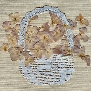 Tecnica mista francese del 1890/collage su carta con veri fiori di violetta secchi. Cesto di violette. Natura morta. Arte floreale.