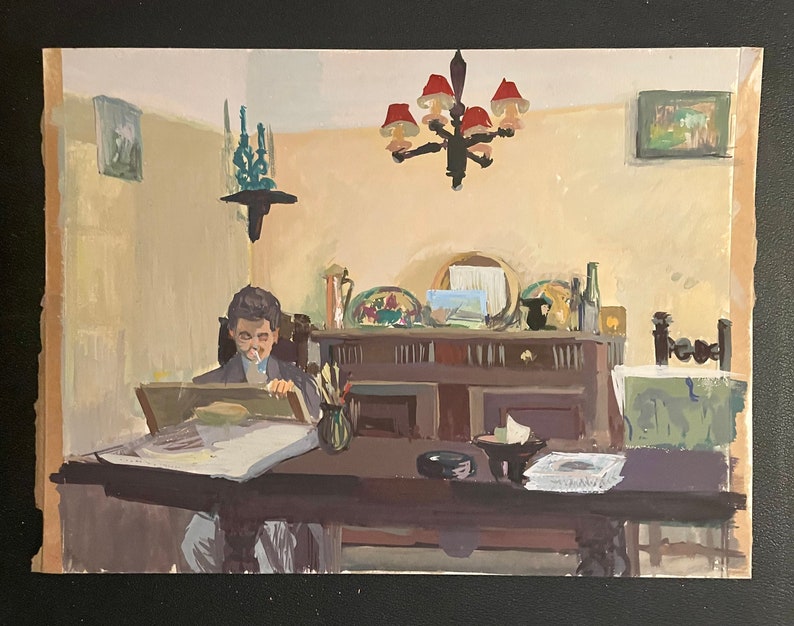 1940s French gouache painting on paper. Interior of the artists studio in Paris. image 2