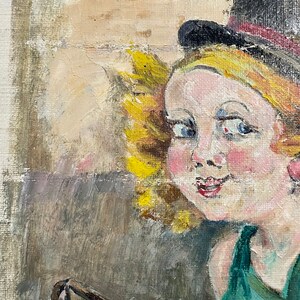 1960s French Vintage Naive Art / Kitsch Art oil painting on unstretched canvas. Young girl wearing a top hat. image 9