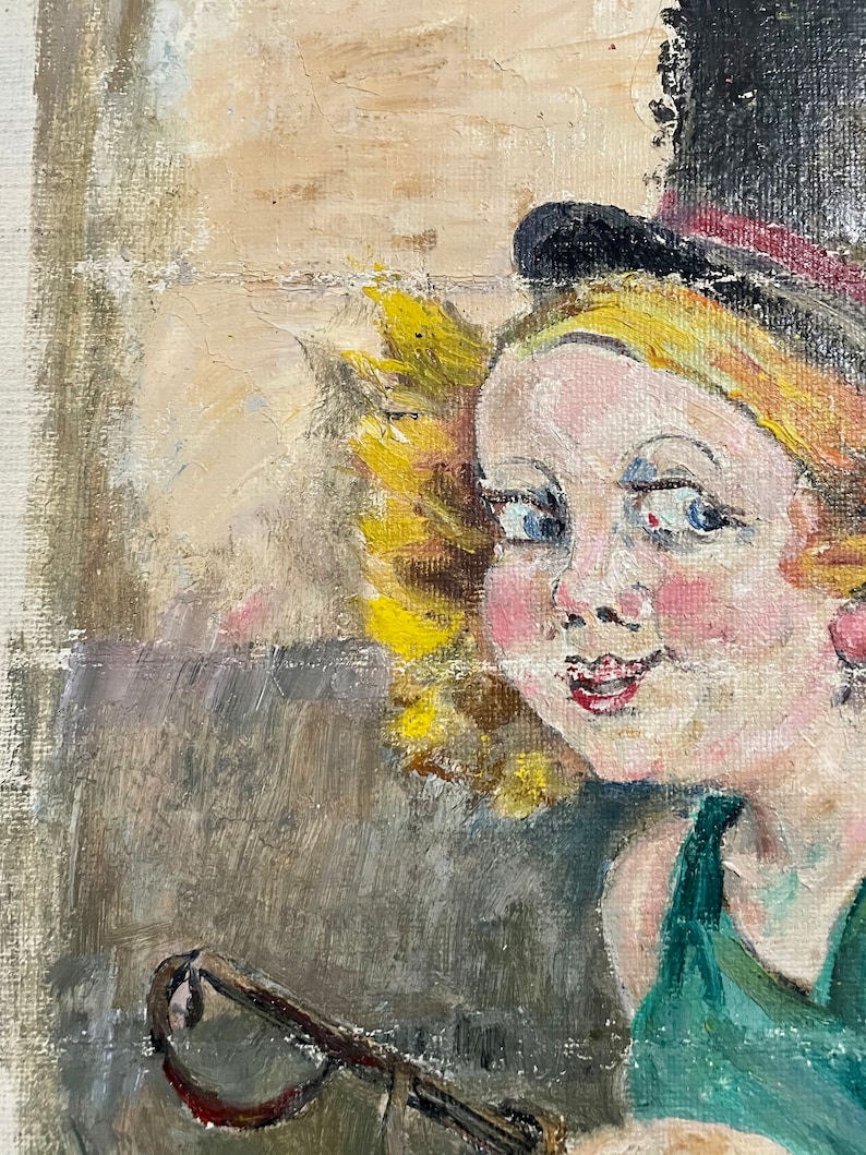 1960s French Vintage Naive Art / Kitsch Art oil painting on unstretched canvas. Young girl wearing a top hat. image 9