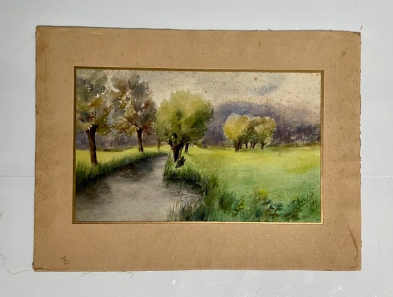 フランス　水彩画　ヴィンテージ 1960s French Vintage Watercolor Painting on Paper. Canal in France