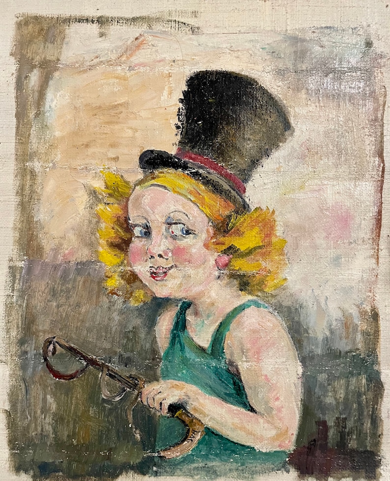 1960s French Vintage Naive Art / Kitsch Art oil painting on unstretched canvas. Young girl wearing a top hat. image 1