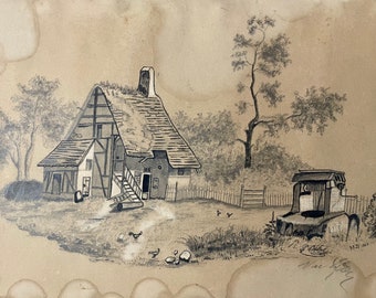 1860s French graphite drawing on paper. Farmhouse in Normandy. France