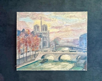 1940s French oil painting  on Canvas Paris & Nôtre Dame Cathedral Parisian cityscape Church painting Religious scene Christian scenery