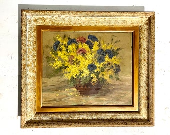 1940年代のフランスの油絵、静物画、赤、黄色の花、鏡、宝石、シャビー