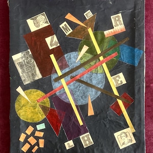 May include: Abstract collage art on a dark background. The artwork features geometric shapes, including rectangles, triangles, and circles, in various colors like red, yellow, and blue. The collage incorporates cut-out letters and images.