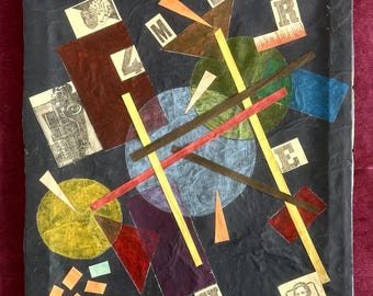 1940s URSS French Constructivism painting El Lissitzky style Modern abstract Soviet art. Geometric red black wall decor. Avant-Garde artwork