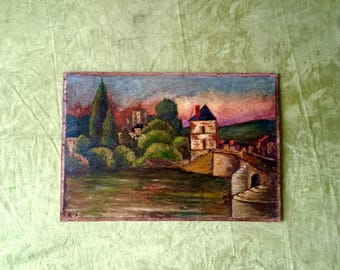 1890s French Oil Painting Riverscape Romantic Bucolic Art Countryside Scene. Farmhouse cottage decor. Country wall art Cottagecore castle