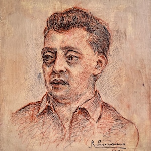 Dibujo a lápiz de color francés sobre cartón, década de 1950. Retrato de un francés.