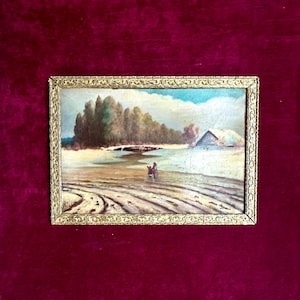 Pintura a óleo de paisagem de inverno francesa da década de 1910, cena de fazenda com neve, arte antiga assinada, campos camponeses, decoração de casa de campo original no painel