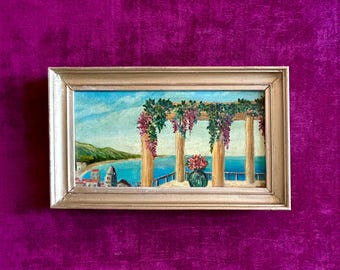 1930s French oil painting on canvas Seascape French Riviera Seaside landscape Seafront home decor Beach cottage style. Sea view house garden