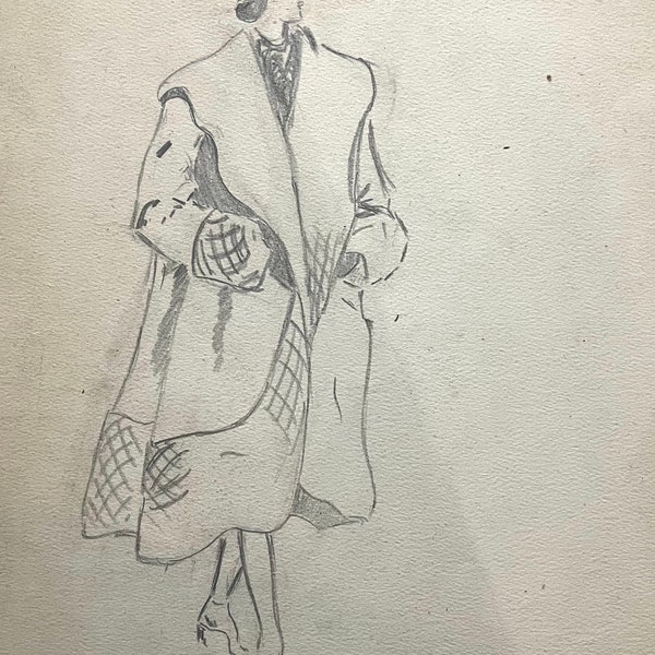 1940s  French graphite drawing on paper. Vintage fashion in Paris