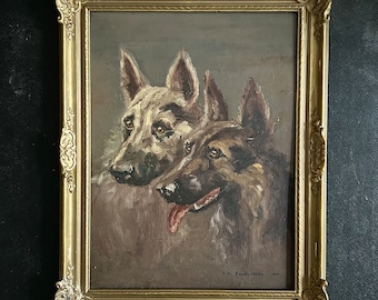 1940s French Oil painting on wood. Portrait of two German Shepherd Dogs. Alsatian Wolf Dogs. Canine artwork. Antique Pet art.