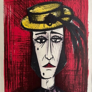Litografia di prova d'artista di Bernard Buffet EA degli anni '60 In costume e Rita - 1962 Ritratto di clown e donna modernista francese - Matita firmata EA
