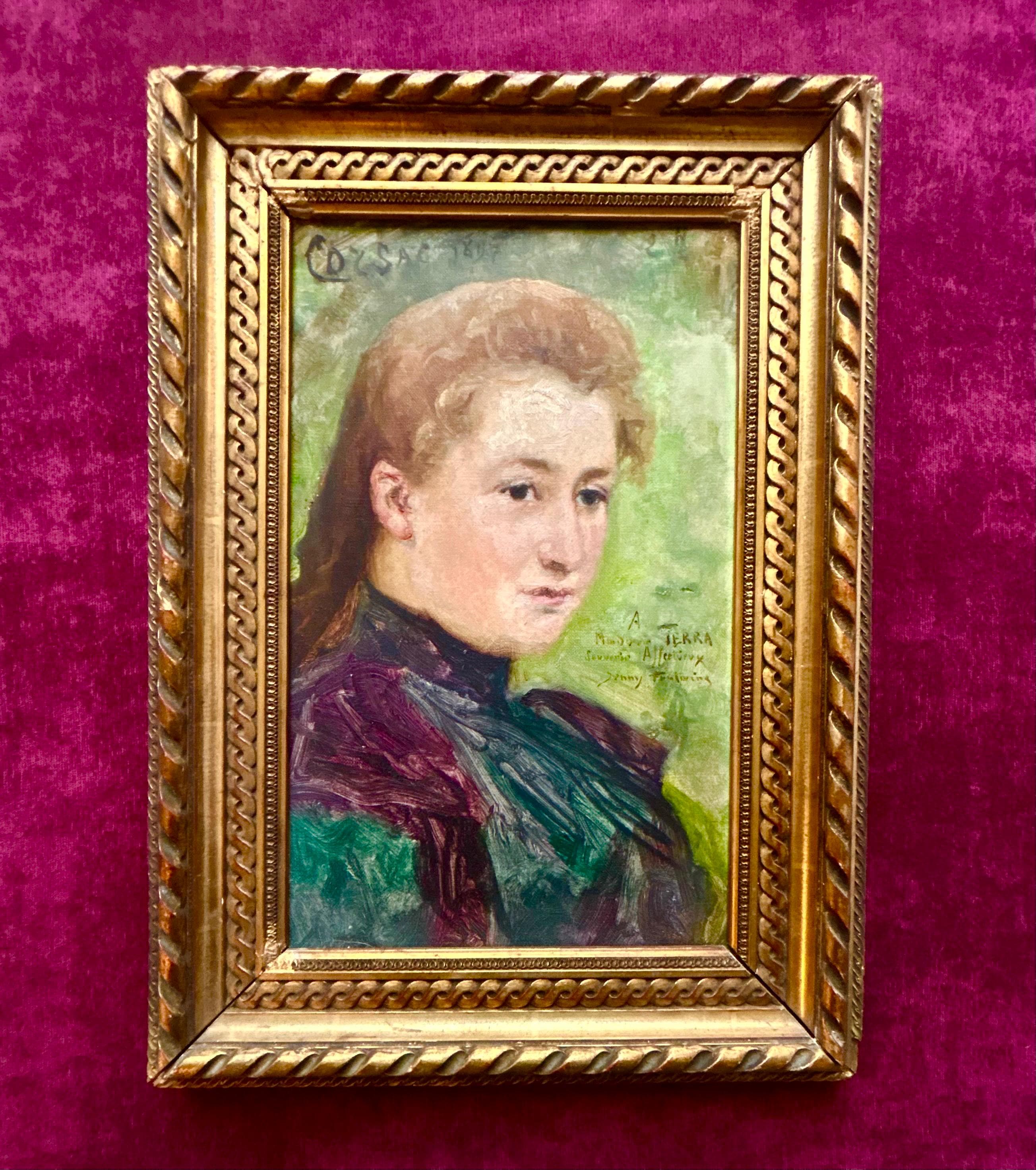 Lata 90. XIX wieku Francuska mistrzyni malarstwa Jenny Fontaine (1862-1938) Obraz olejny na płótnie Portret kobiety Artysta portrecista Portret paryskiej damy Dziewczyna