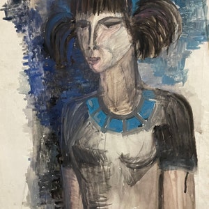Gouache francese su carta degli anni '40. Ragazza con mazzi