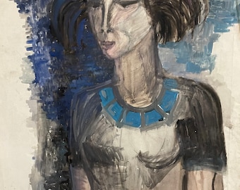 1940s French gouache on paper. Young girl with bunches