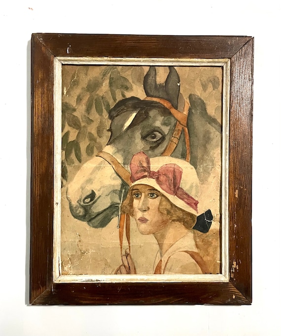 1920s French Gouache Painting on Paper. Young Horsewoman. 