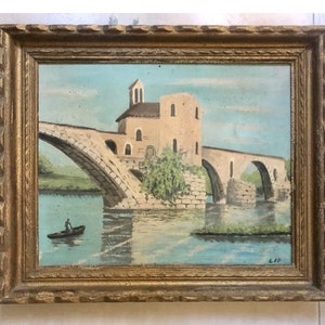 1930er Jahre Französisches Öl Gemälde auf Holz. Punta d’Avignon. Die Avignon Brücke. Provence. Südfrankreich.