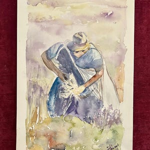 2000s French Vintage watercolor painting on paper. Pesant gathering lavender in Provence, Southern France. Cottage decor. Farmhouse style.