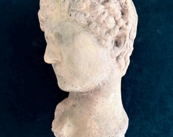 1700s French Stoneware head sculpture - Antique bust of young man - Heavy Garden Statue - Classic Romanticism art outdoor & indoor decor.