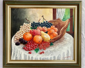 1960s French vintage oil painting on canvas. Still life with mixed fruits. Kitchen decoration. Farmhouse style.