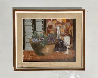 1930s French oil painting on maroufle cardboard . Still life with decanter and fruits platter.