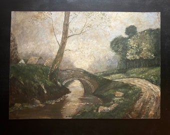1910s French Large oil painting on wood. Farmhouses and bridge over stream in France. Barbizon School. Impressionist landscape.