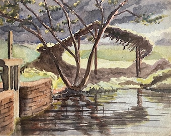 1880s French watercolor on paper. Small river in France.