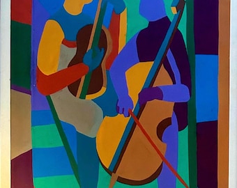 1950s German / French Cubism/ Surrealist master Wolf Reuther (1917-2004) gouache painting on paper. Cubist musicians. Modernist avant-garde.