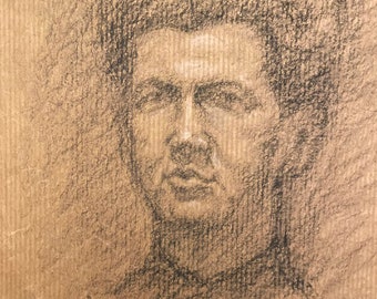 1930s French charcoal drawing on Kraft paper. Frenchman portrait.