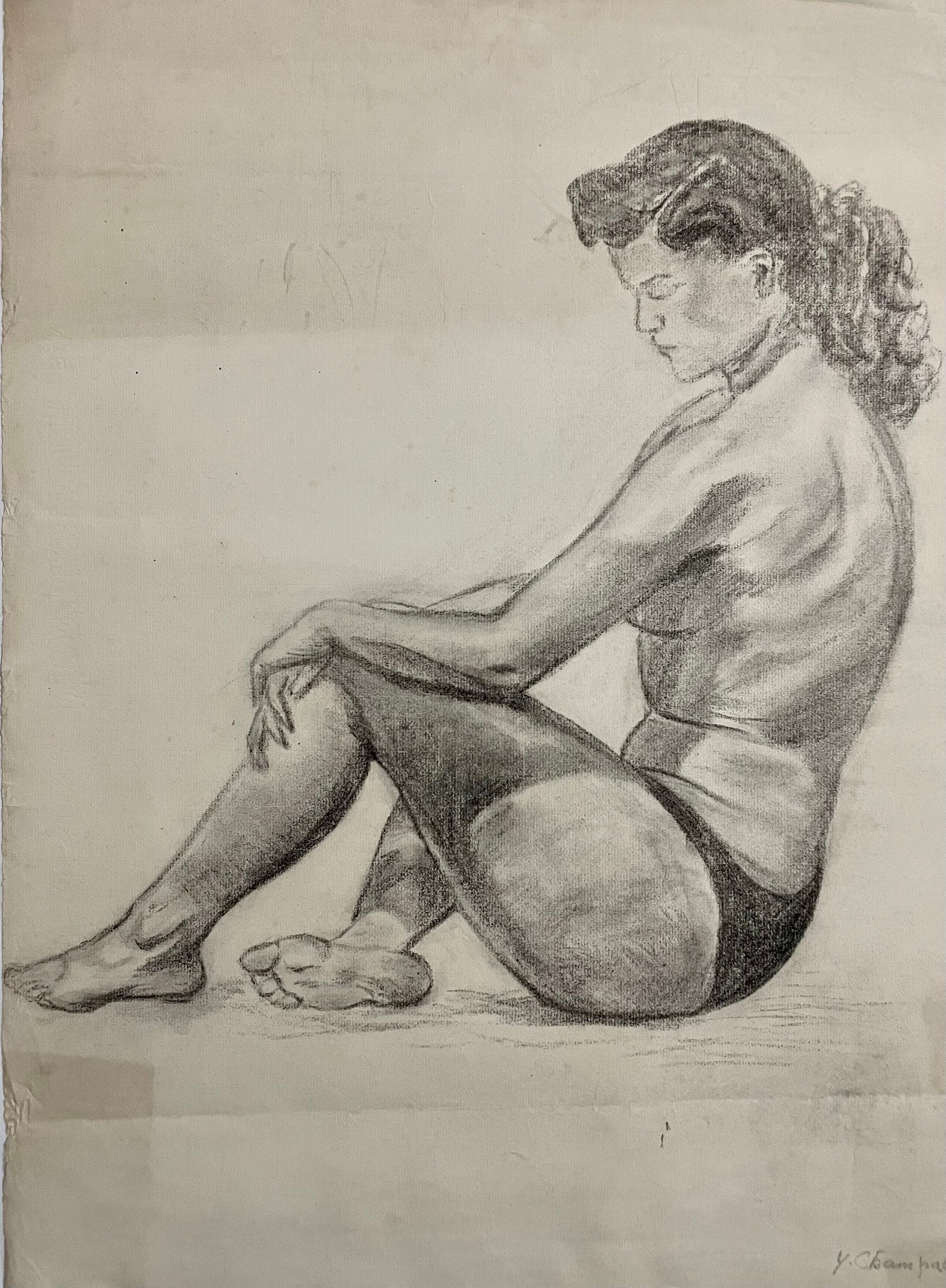 1930 年代のフランス製大型鉛筆画。座る若い女性の肖像画