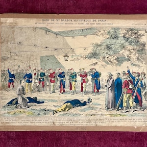 1870s French Antique Engraving hand painted on paper Printed by Haguenthal of Pont a Mousson France Death of the Archbishop of Paris in 1871