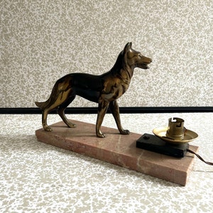 1940s French Art Deco Regulus Metal Alloy / pink marble pedestal Sculpture / Table Lamp. German Shepherd Dog. Alsatian Dog.