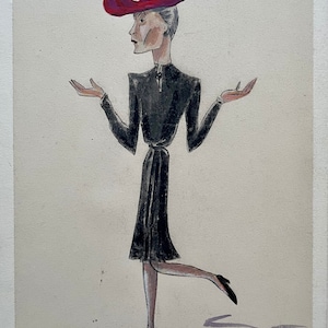 Schizzo satirico francese degli anni '30, guazzo su carta. Donna grottesca che indossa un cappello rosso. Illustrazione artistica.