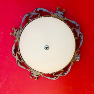 1950s French Vintage glass bronze Ceiling light fixture. Art Nouveau style pendent lighting. Lighting. Lamp.