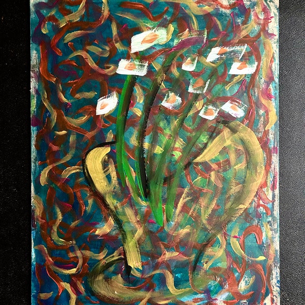 1970s French Vintage Modern oil painting on panel. Floral Abstract composition.Vase of flowers. Avant-garde. Modernist decor.Abstraction art