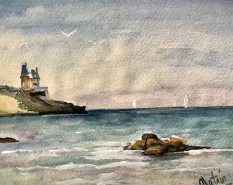 1920s  French watercolor on Paper. Castle overlooking the Atlantic Ocean in France. Oceanfront view. Oceanside seascape.