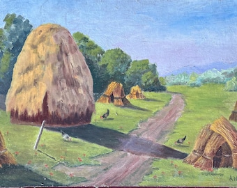 1940s French oil painting on canvas board. Landscape with haystacks and chickens in Burgundy, France. Impressionism.