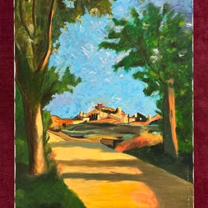 2000s French Vintage oil painting on canvas. After the painting « La Route ». Landscape of Provence, Southern France. Village view.