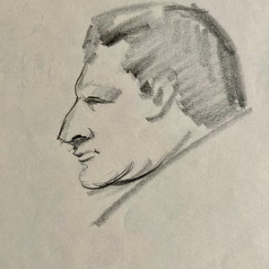 1930s French pencil graphite drawing on paper. Frenchman portrait.