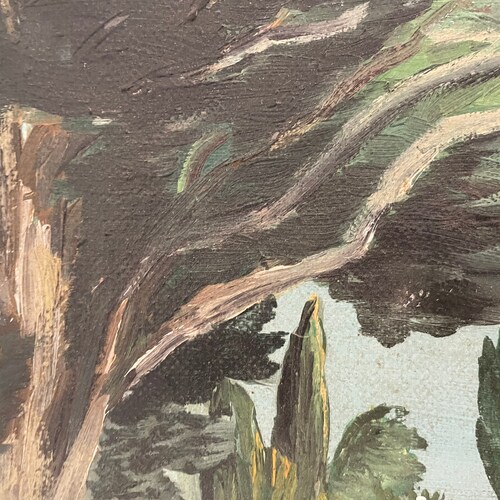 1940s French shops oil painting on canvas. Countryside Church in Provence. Southern France.