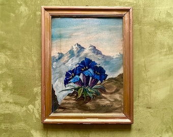 1940s French oil painting - blue wildflowers in Alps - Vintage Floral Mountain art on panel - Cottagecore country home wall decor. Snow art