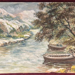 1940s French antique Oil Painting on paper. Mountains with snow and riverboats in the Alps. Winter landscape in France.