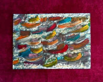 1970s French abstract oil painting on wood. Colorful boats, Mid-Century Modern Art, Vintage Modernist Marine Composition. Sea house decor