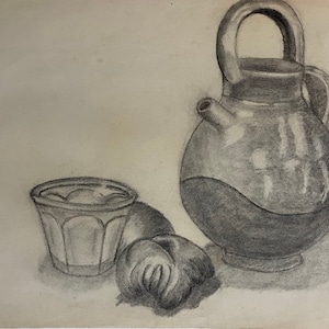 Disegno a grafite su carta, francese, anni '30. Natura morta con brocca