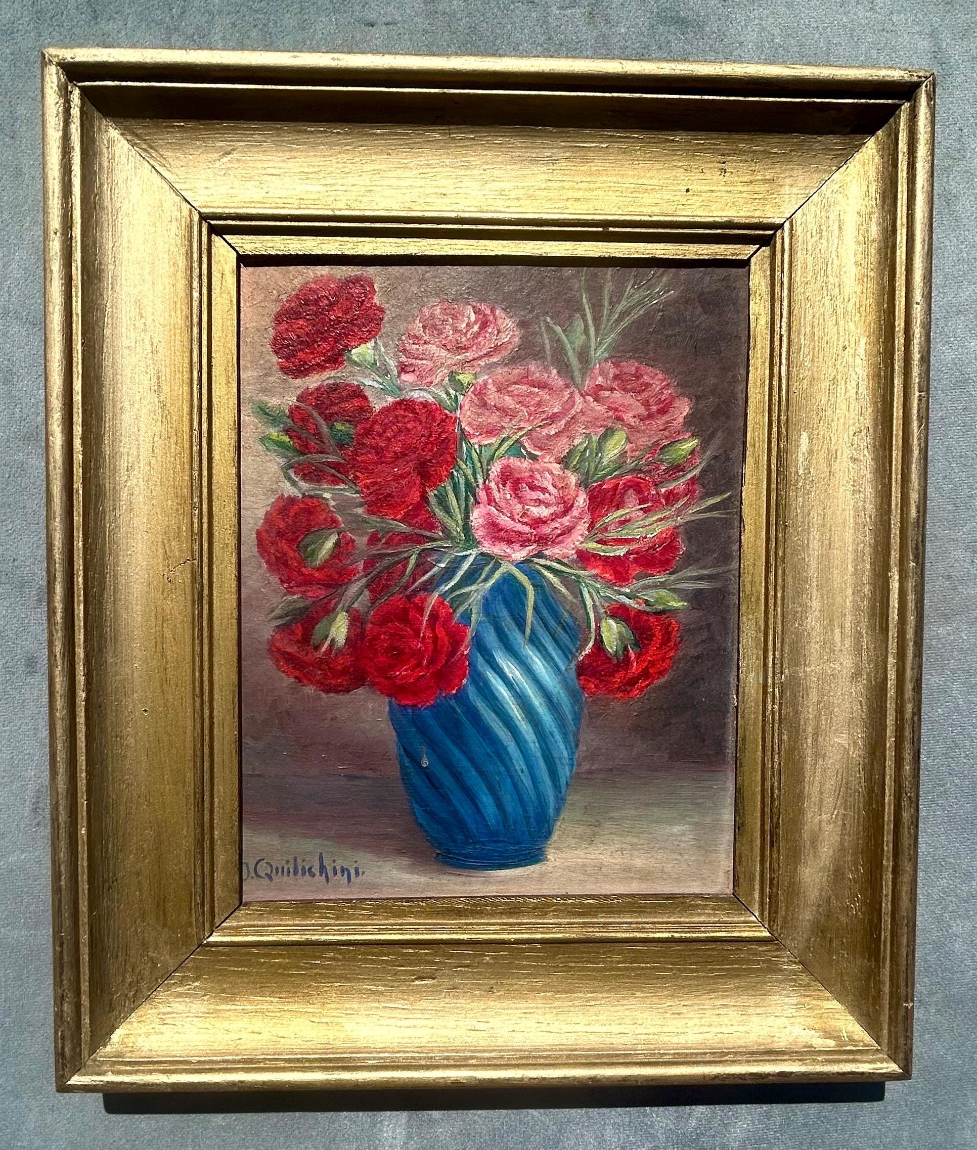 1930s French Floral Still Life Painting Jean Quilichini Red Pink 