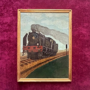 1930s French oil painting on panel. Train. Locomotive. Railroad antiques. Railway memorabilia. Railway collectibles
