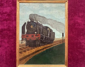 1930s French oil painting on panel. Train. Locomotive. Railroad antiques. Railway memorabilia. Railway collectibles